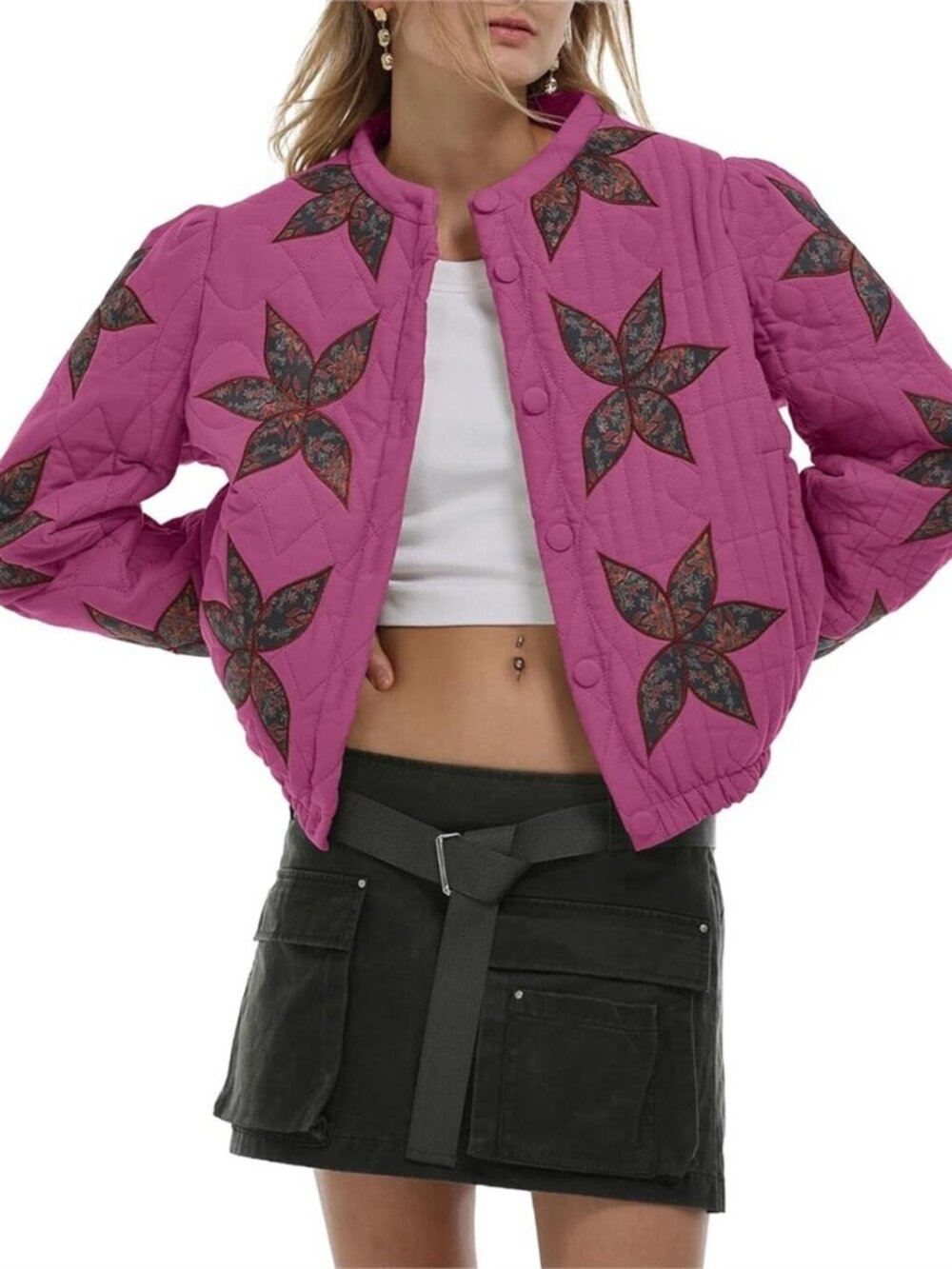✨Women's Floral Embroidered Cropped Quilted Puffer Jacket NWT